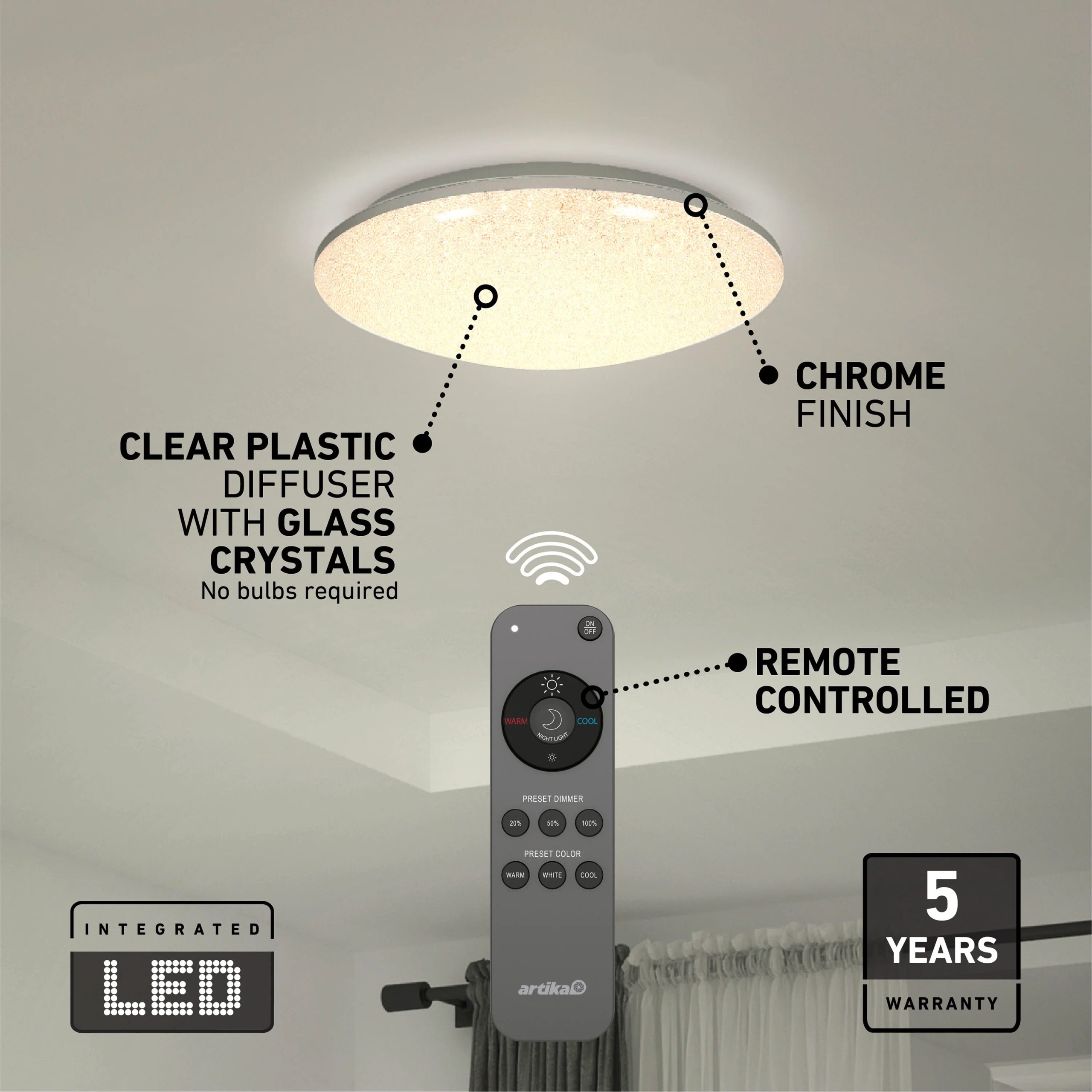 Artika Sparkle 18 in. (45 cm) Modern LED Flush Mount Ceiling Light - With Remote - Image 6
