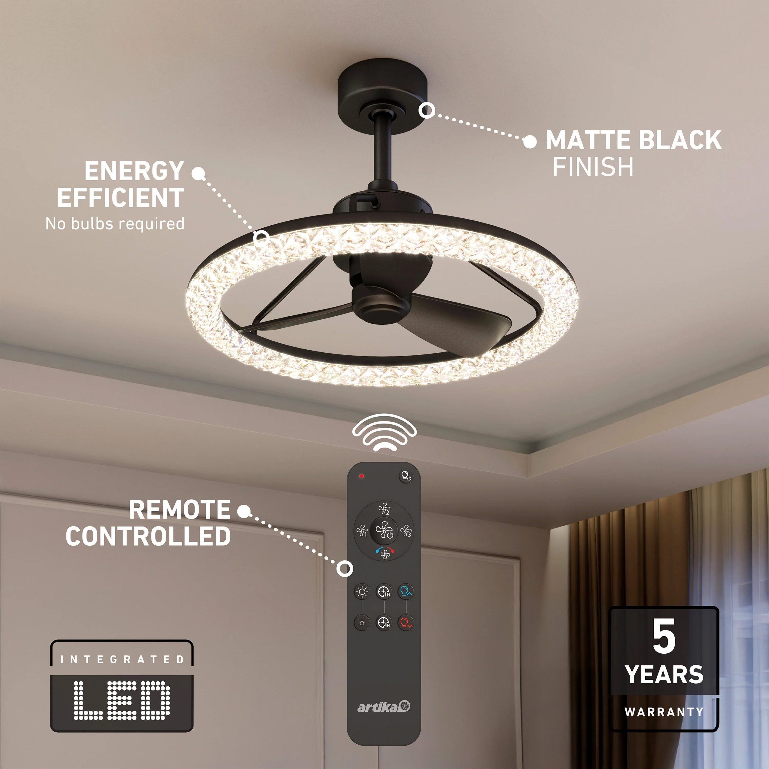 Artika Carat 23 in. (58 cm) LED modern fandelier ceiling fan with light - includes remote - Image 4