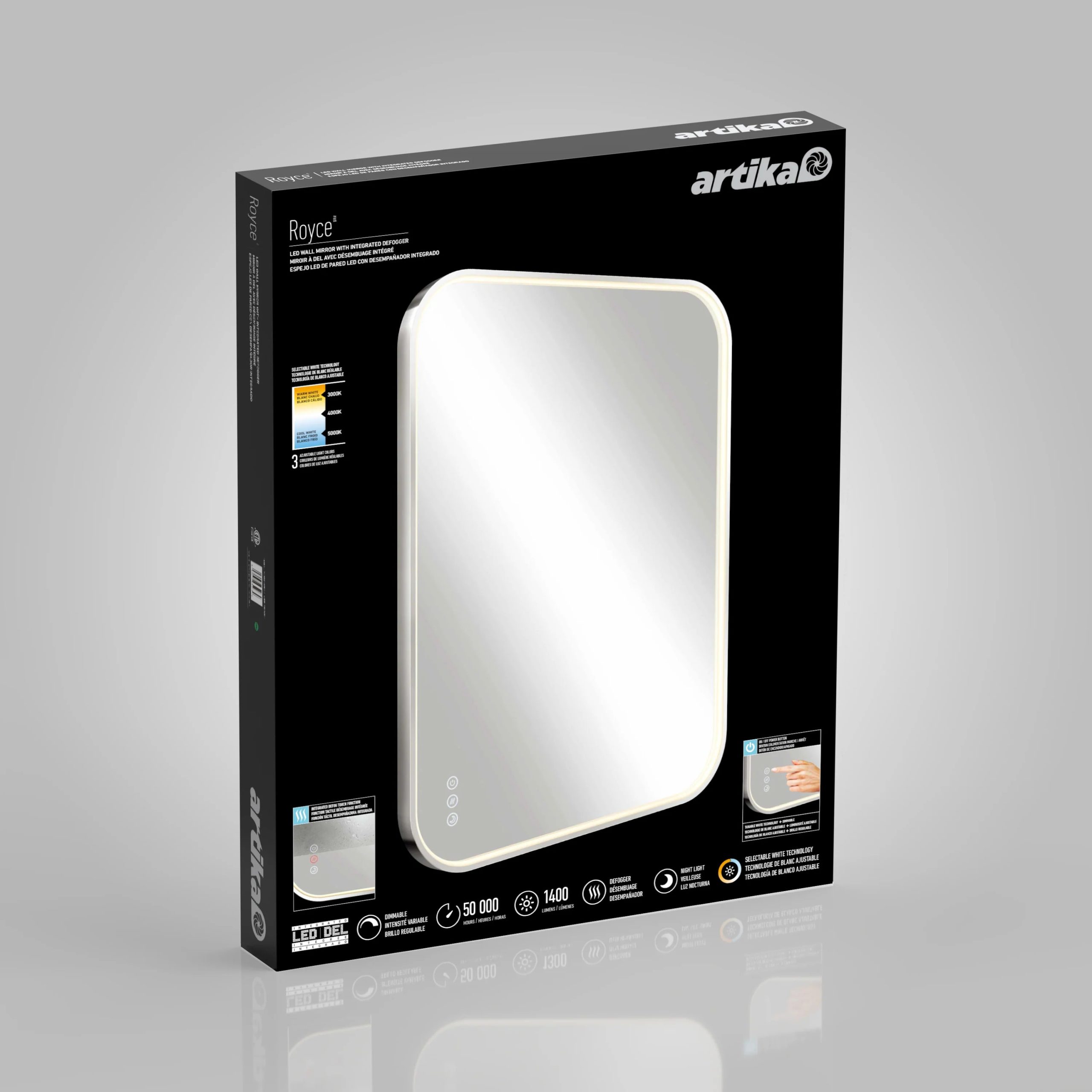 Artika Royce 24 in. x 32 in. (61 x 81 cm) Dimmable Anti-Fog LED Mirror - Image 61